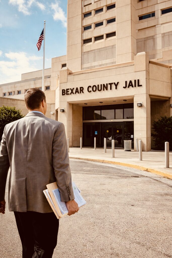 San Antonio bail bond lawyer walking into Bexar County Jail with attorney bond paperwork
